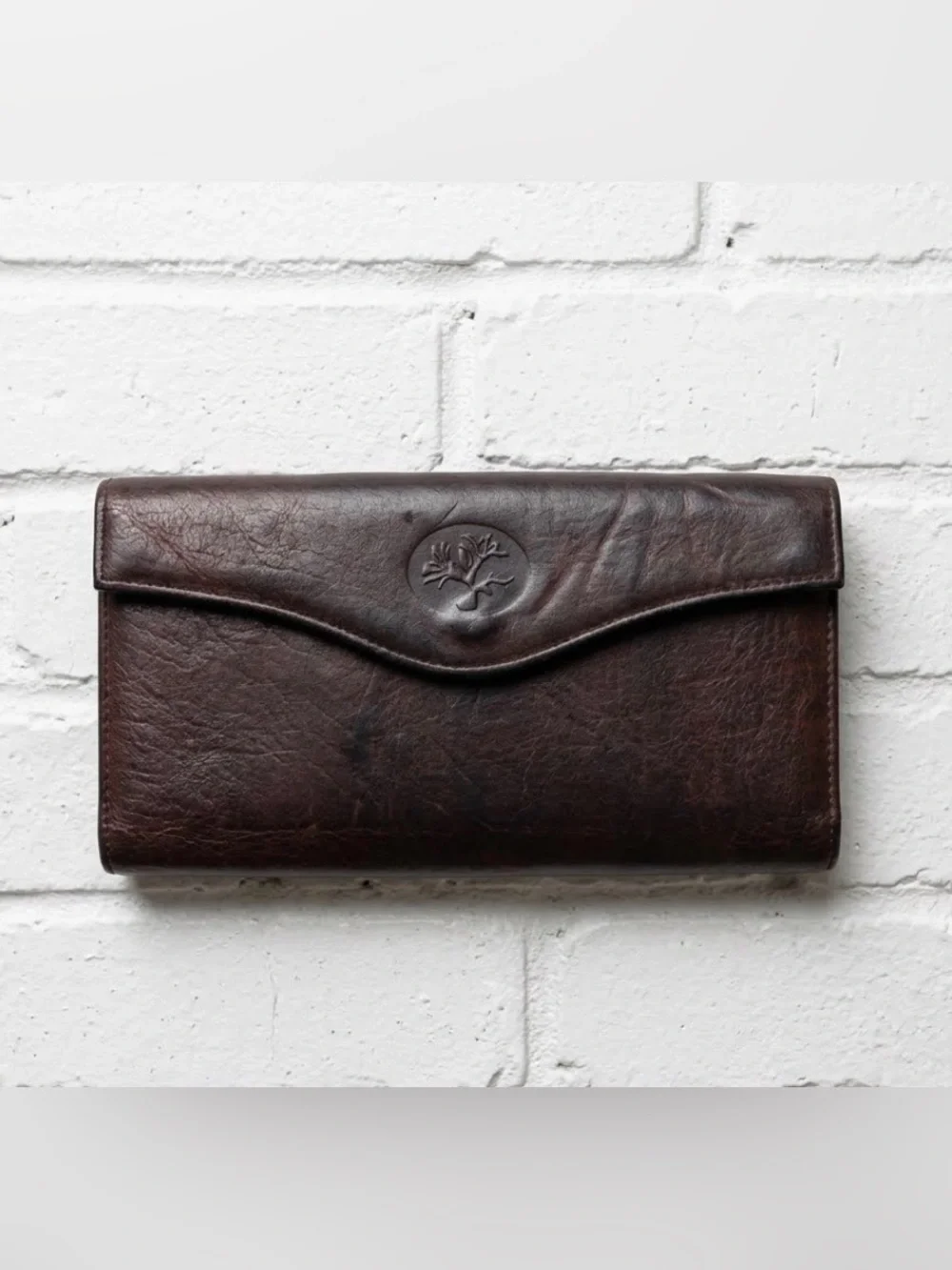 Vintage Buxton Dark Brown Leather Envelope Wallet with Embossed Crest